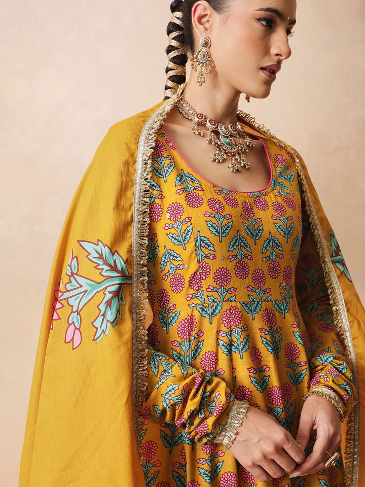 Women Yellow Floral Cotton Anarkali Kurta With Pencil Pants &amp; Dupatta