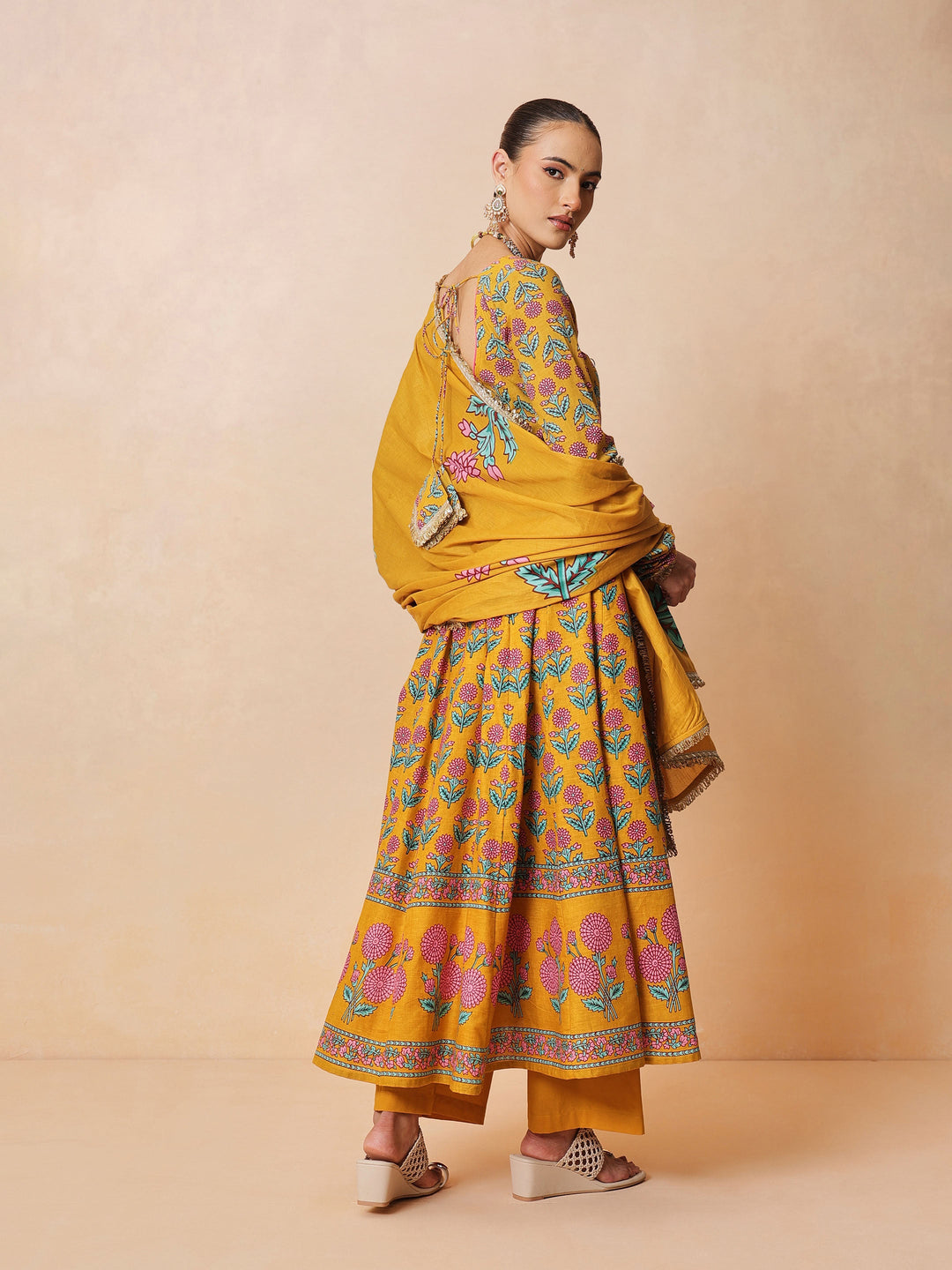 Women Yellow Floral Cotton Anarkali Kurta With Pencil Pants &amp; Dupatta