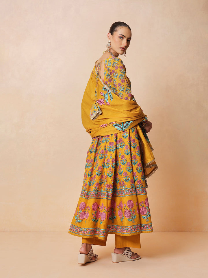 Women Yellow Floral Cotton Anarkali Kurta With Pencil Pants &amp; Dupatta
