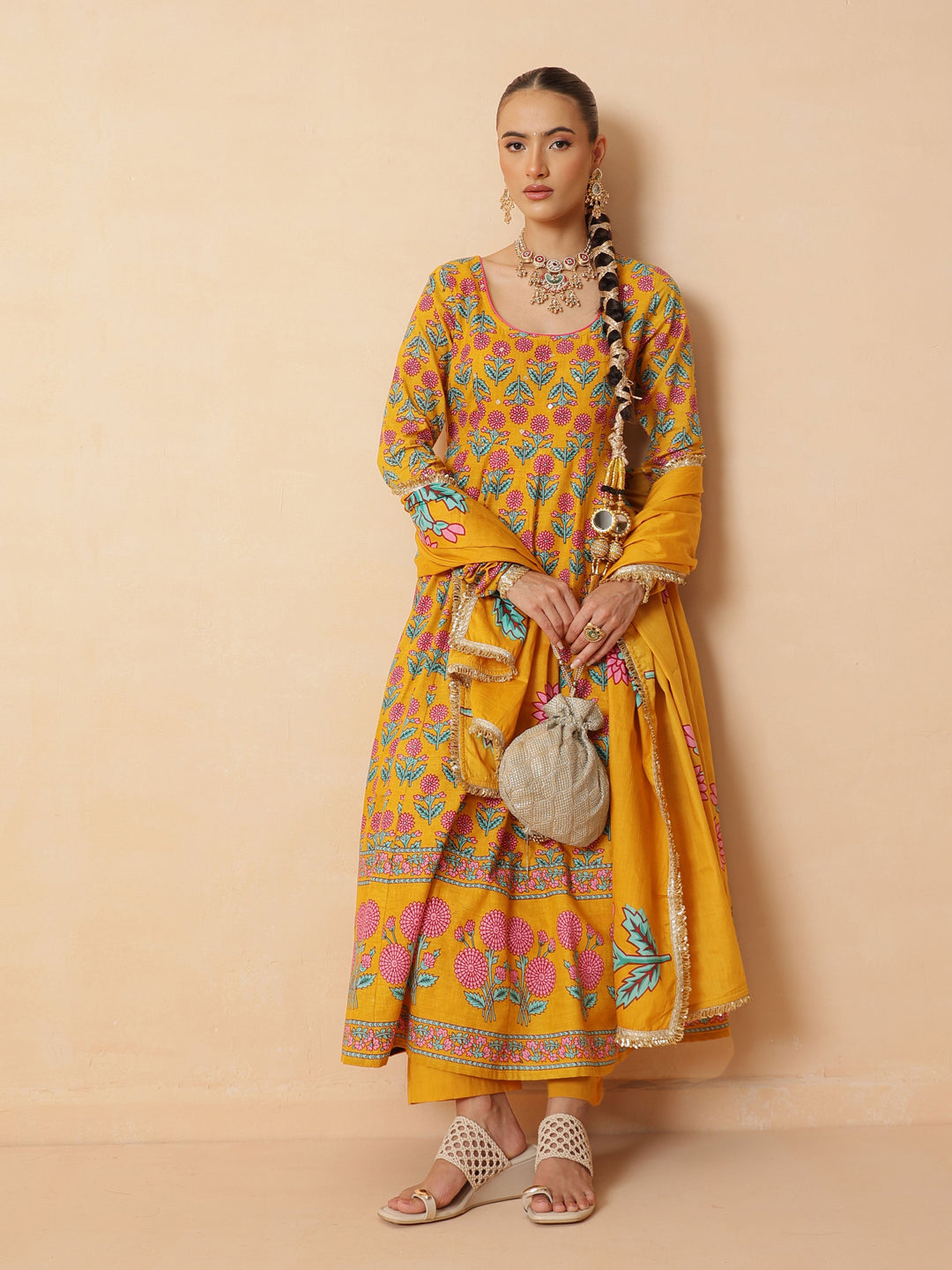 Women Yellow Floral Cotton Anarkali Kurta With Pencil Pants &amp; Dupatta