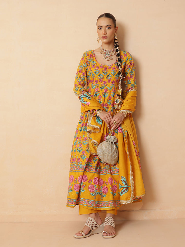 Women Yellow Floral Cotton Anarkali Kurta With Pencil Pants &amp; Dupatta