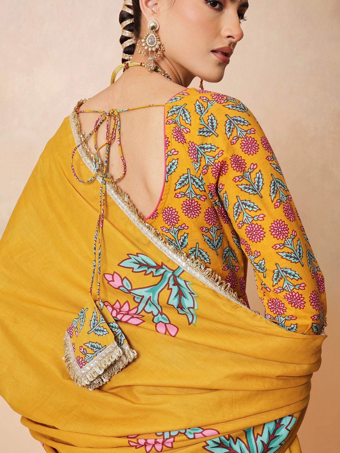 Women Yellow Floral Cotton Anarkali Kurta With Pencil Pants &amp; Dupatta