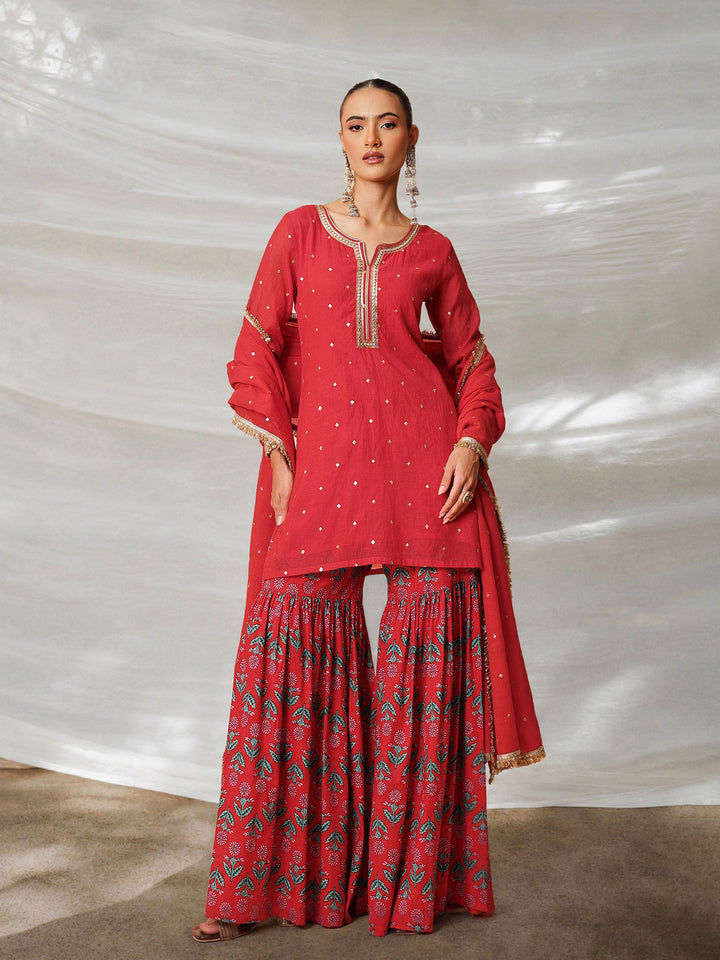 Women Red Embroidered Short Kurta With Sharara Pants &amp; Dupatta