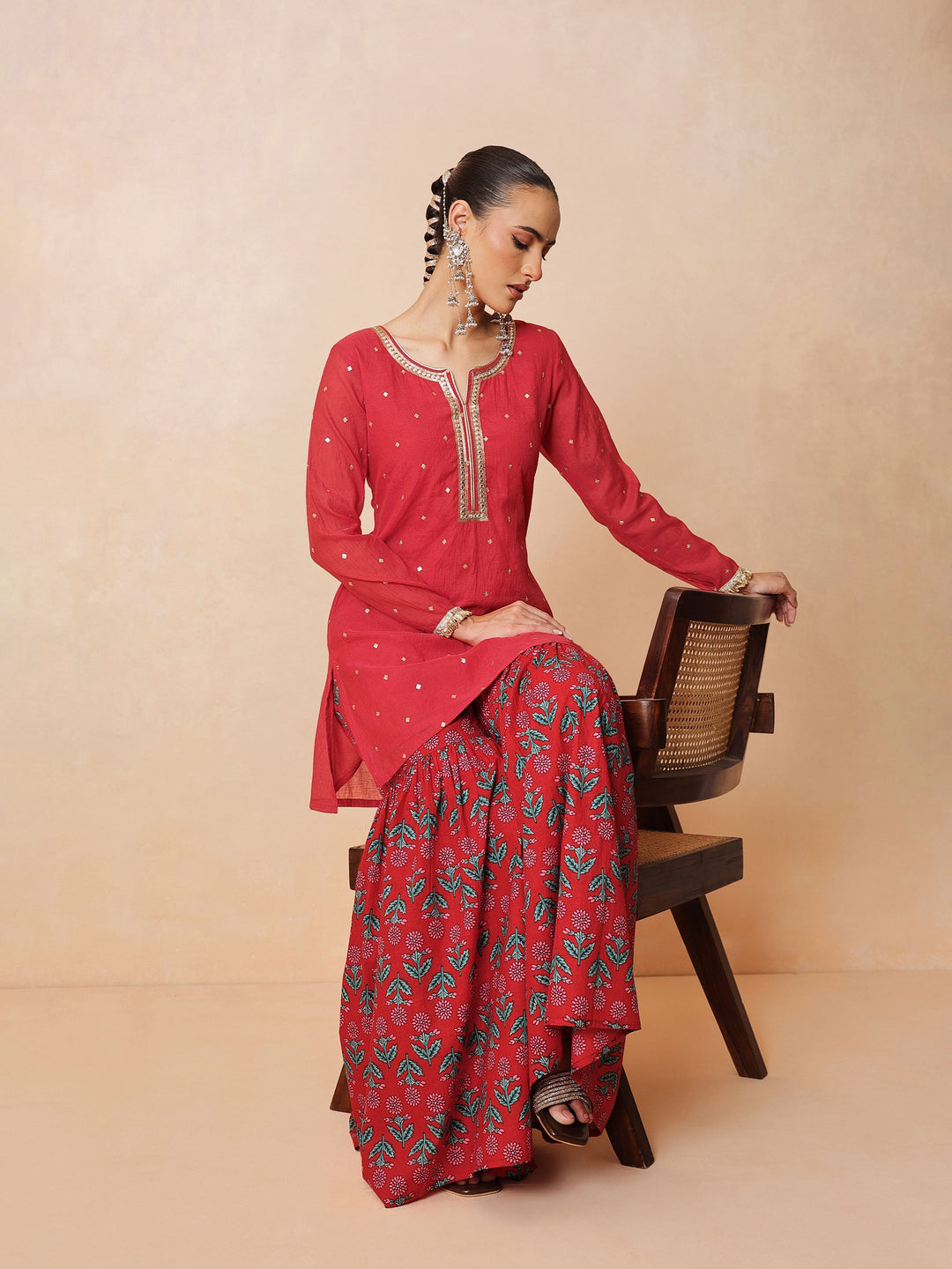 Women Red Embroidered Short Kurta With Sharara Pants &amp; Dupatta