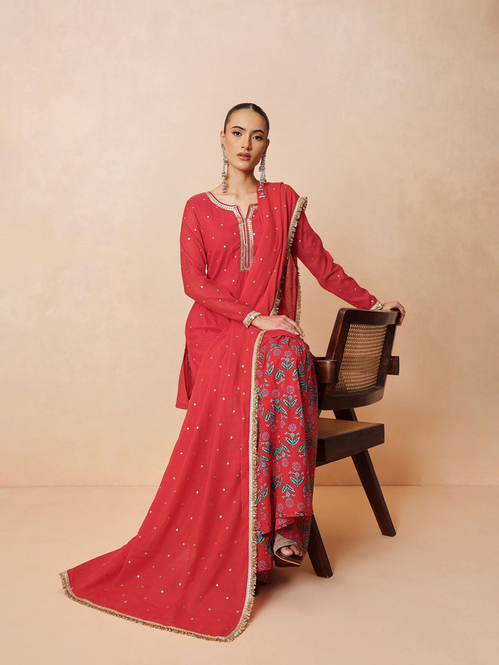 Women Red Embroidered Short Kurta With Sharara Pants &amp; Dupatta