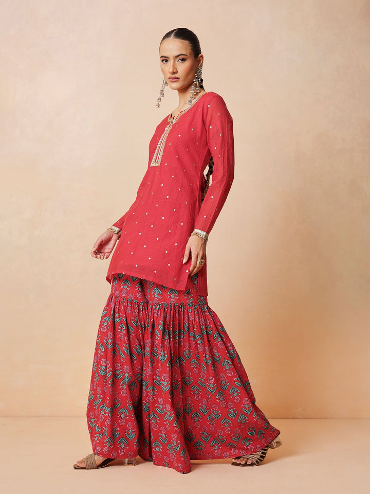 Women Red Embroidered Short Kurta With Sharara Pants &amp; Dupatta