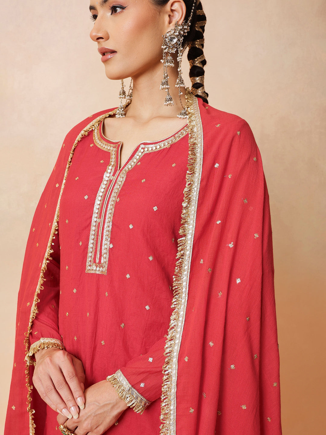 Women Red Embroidered Short Kurta With Sharara Pants &amp; Dupatta