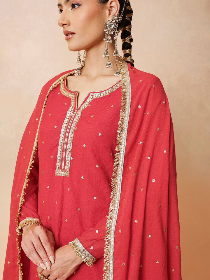 Women Red Embroidered Short Kurta With Sharara Pants &amp; Dupatta