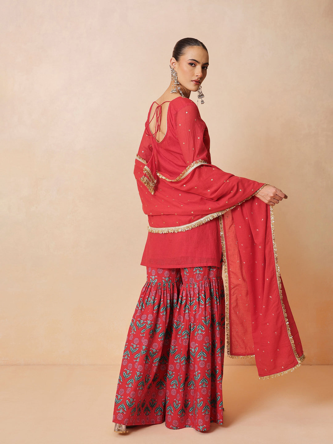 Women Red Embroidered Short Kurta With Sharara Pants &amp; Dupatta