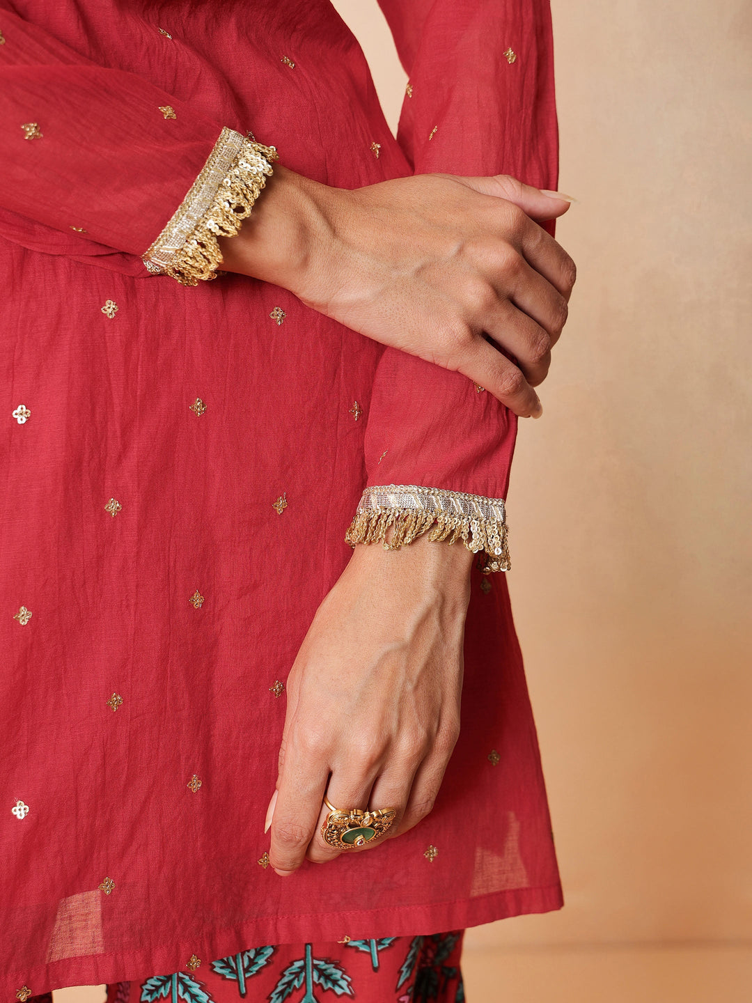 Women Red Embroidered Short Kurta With Sharara Pants &amp; Dupatta