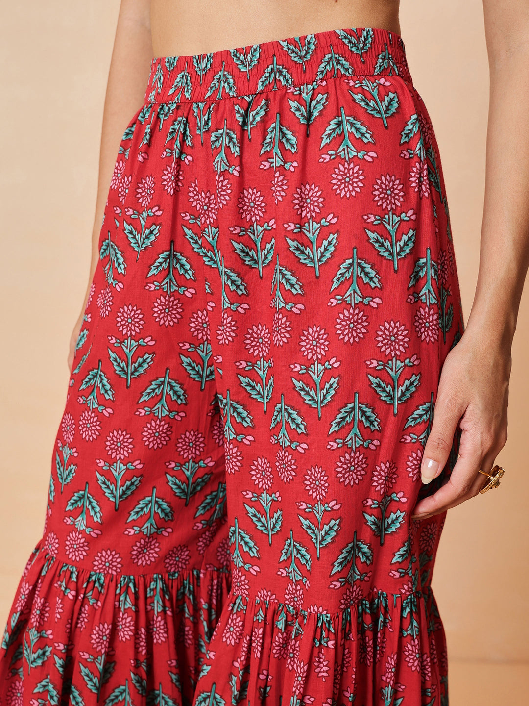 Women Red Embroidered Short Kurta With Sharara Pants &amp; Dupatta