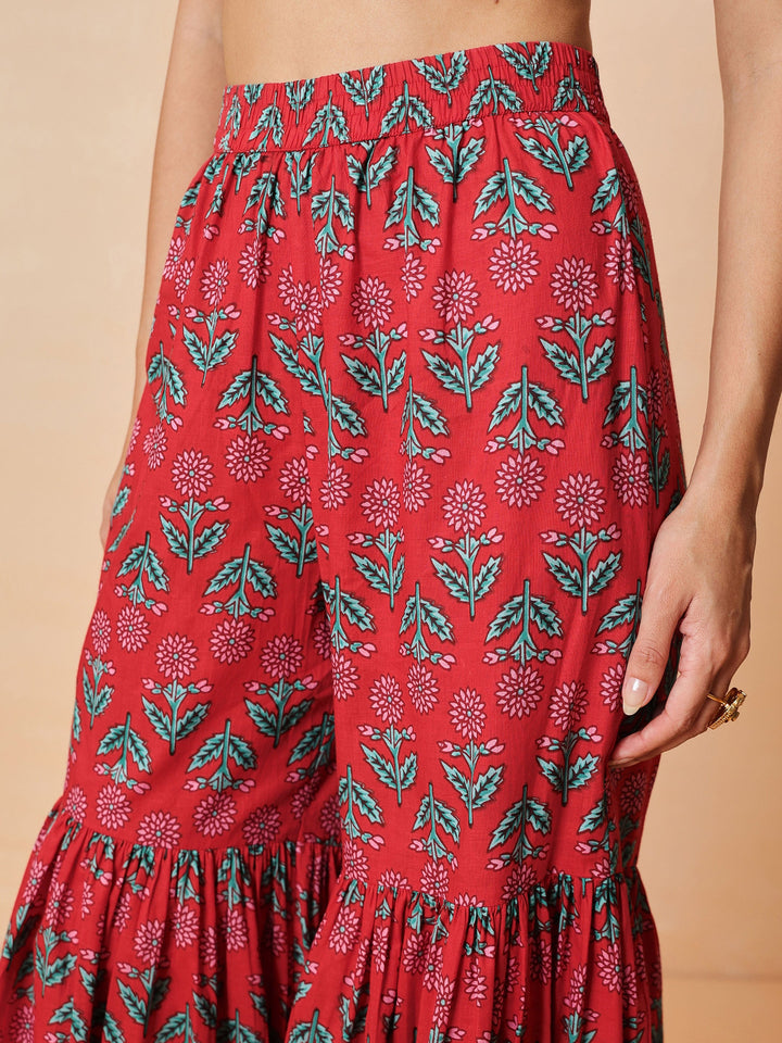 Women Red Embroidered Short Kurta With Sharara Pants &amp; Dupatta