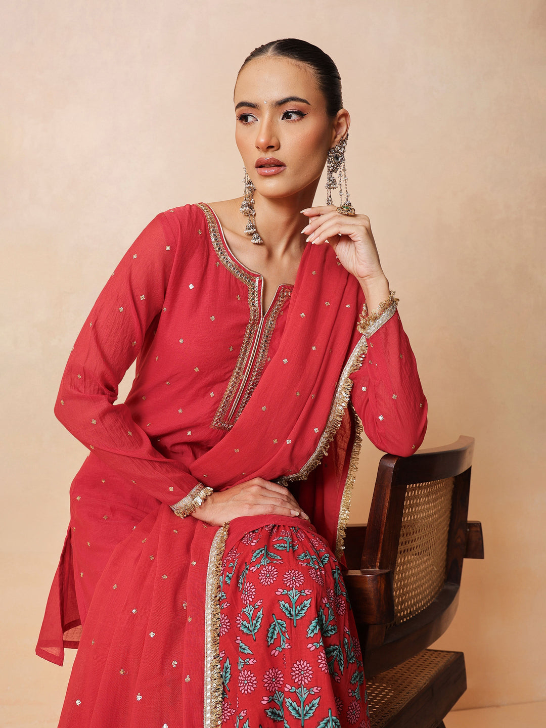 Women Red Embroidered Short Kurta With Sharara Pants &amp; Dupatta