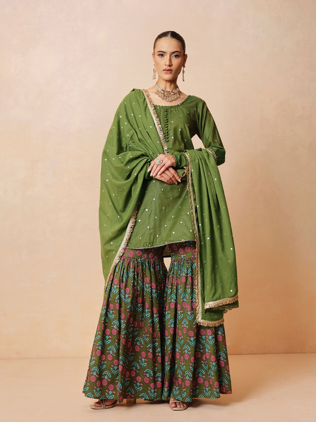 Women Olive Embroidered Short Kurta With Sharara Pants &amp; Dupatta
