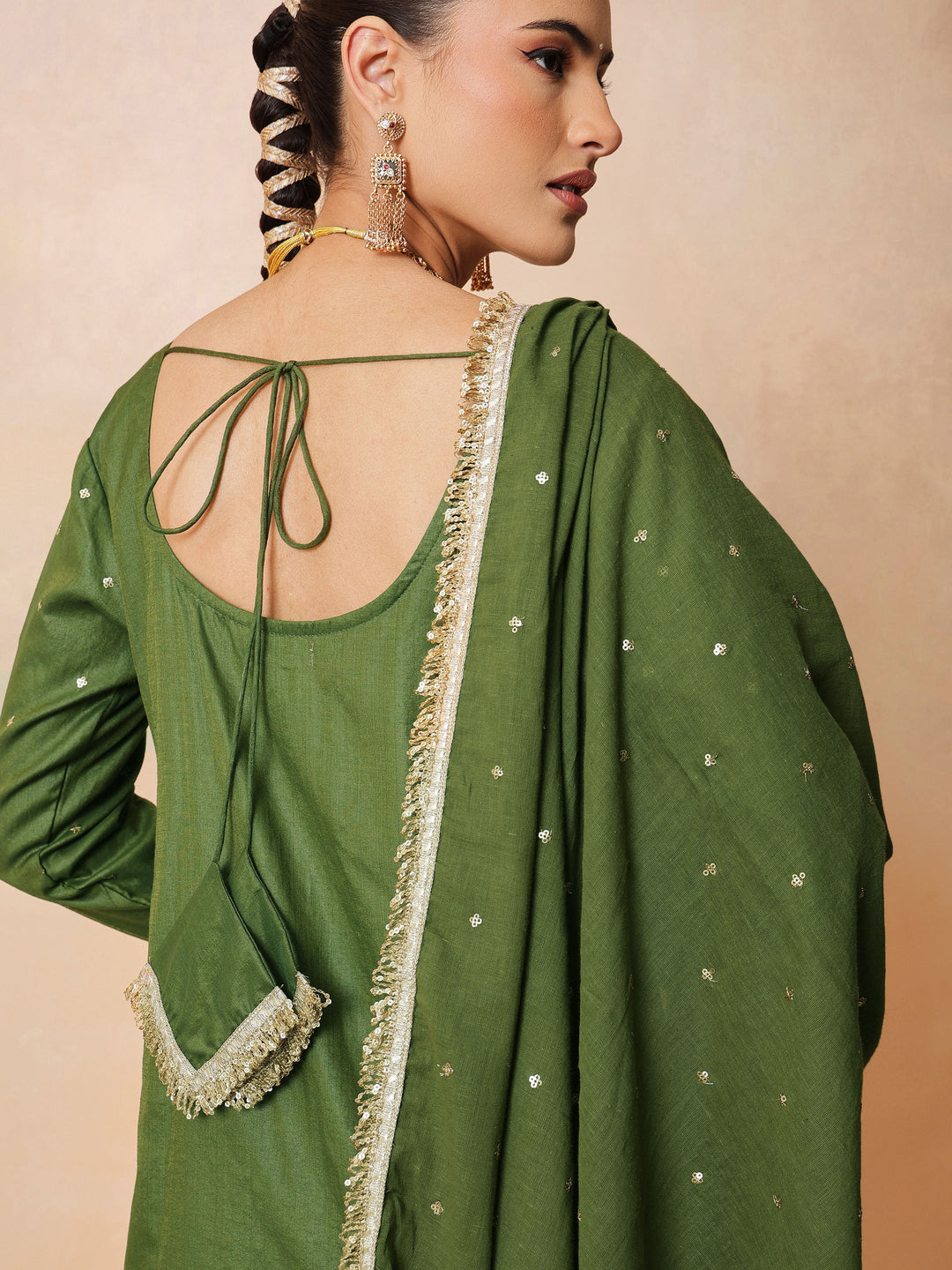 Women Olive Embroidered Short Kurta With Sharara Pants &amp; Dupatta