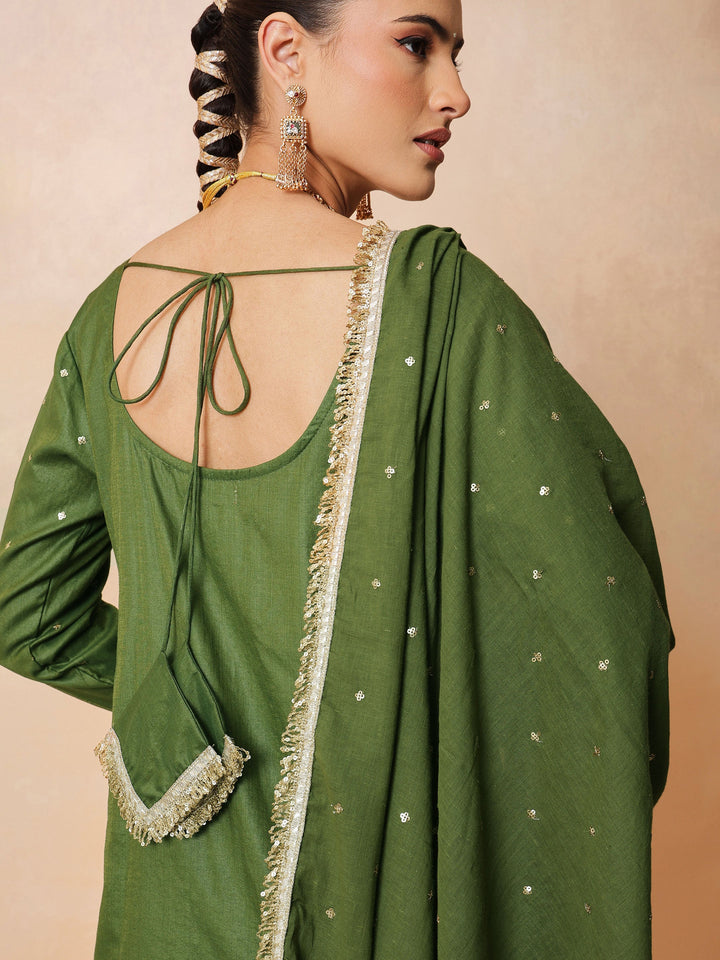 Women Olive Embroidered Short Kurta With Sharara Pants &amp; Dupatta