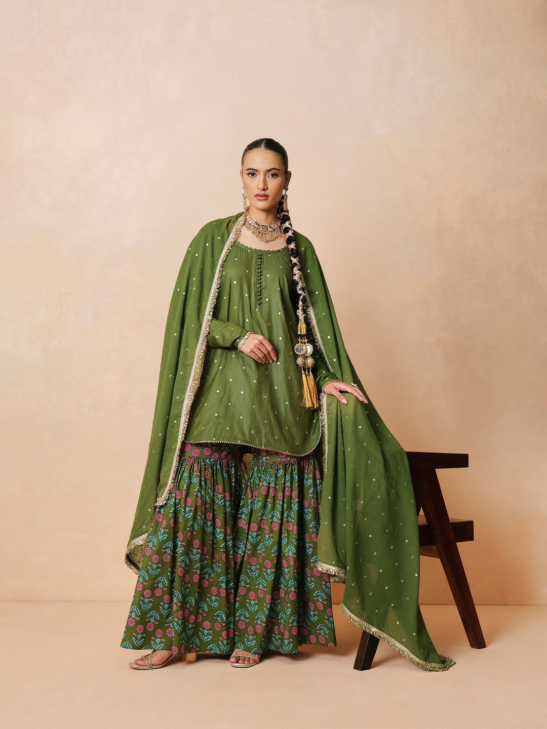 Women Olive Embroidered Short Kurta With Sharara Pants &amp; Dupatta
