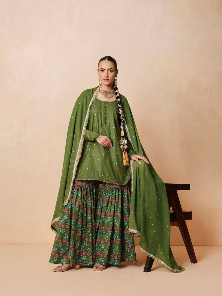 Women Olive Embroidered Short Kurta With Sharara Pants &amp; Dupatta