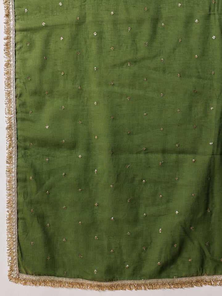 Women Olive Embroidered Short Kurta With Sharara Pants &amp; Dupatta