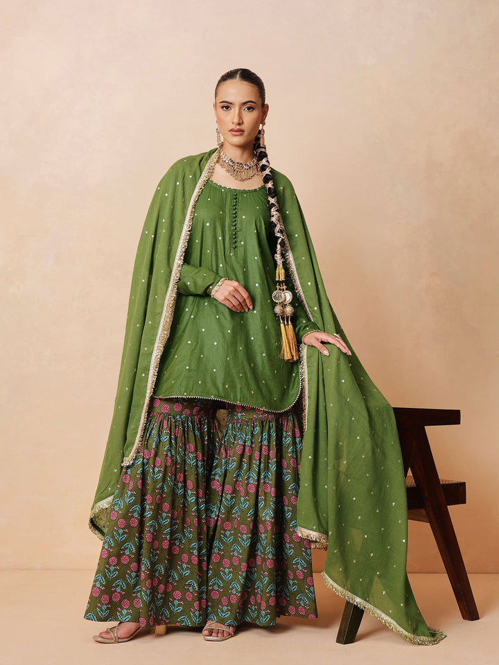 Women Olive Embroidered Short Kurta With Sharara Pants &amp; Dupatta