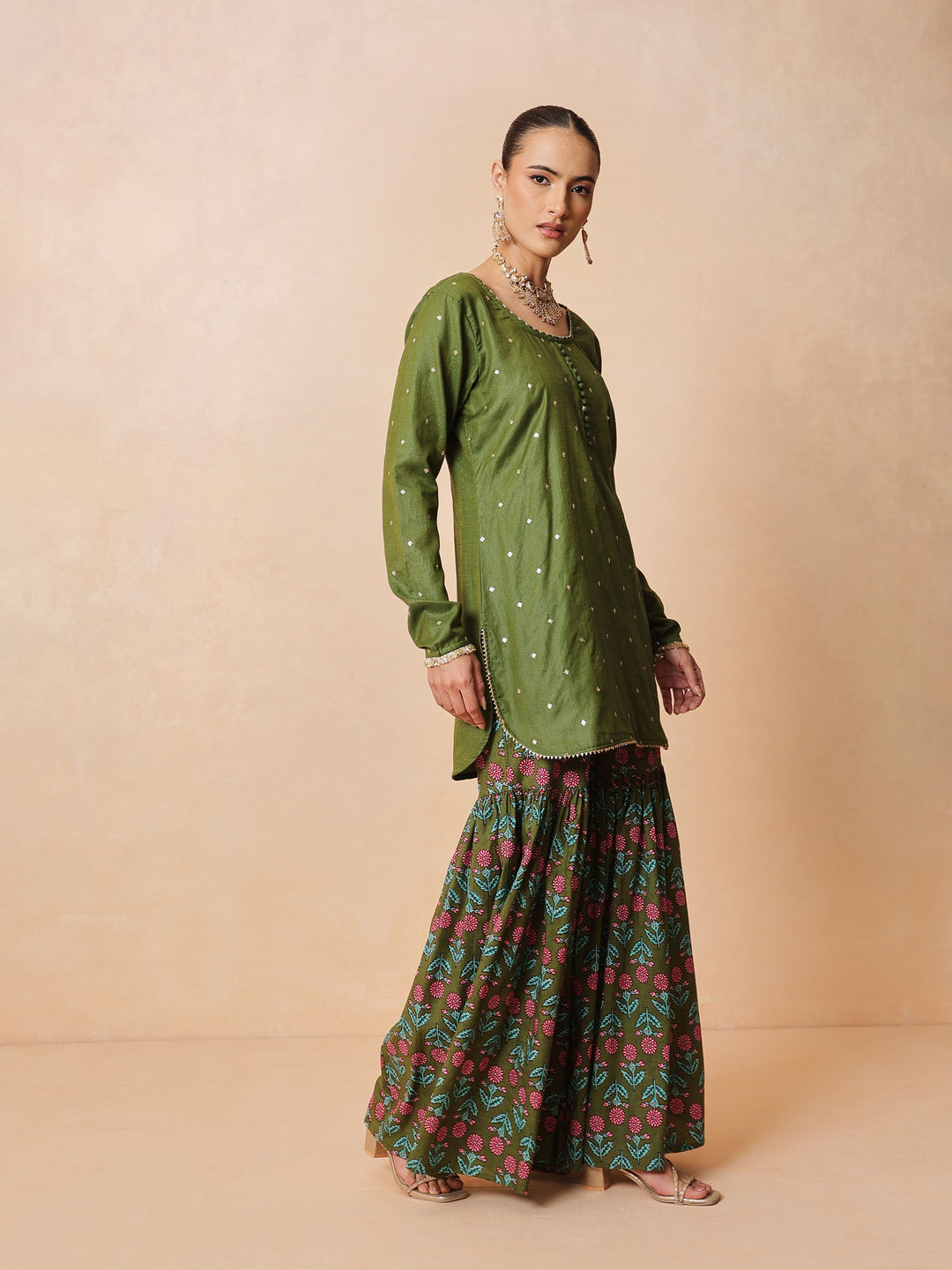Women Olive Embroidered Short Kurta With Sharara Pants &amp; Dupatta