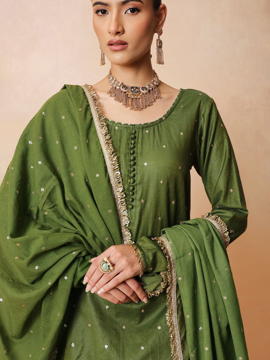 Women Olive Embroidered Short Kurta With Sharara Pants &amp; Dupatta