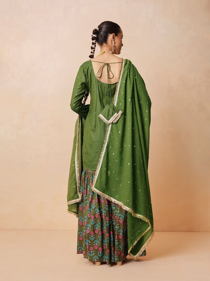 Women Olive Embroidered Short Kurta With Sharara Pants &amp; Dupatta