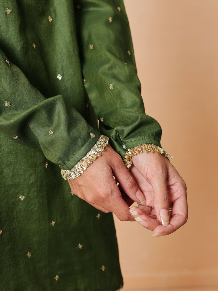 Women Olive Embroidered Short Kurta With Sharara Pants &amp; Dupatta