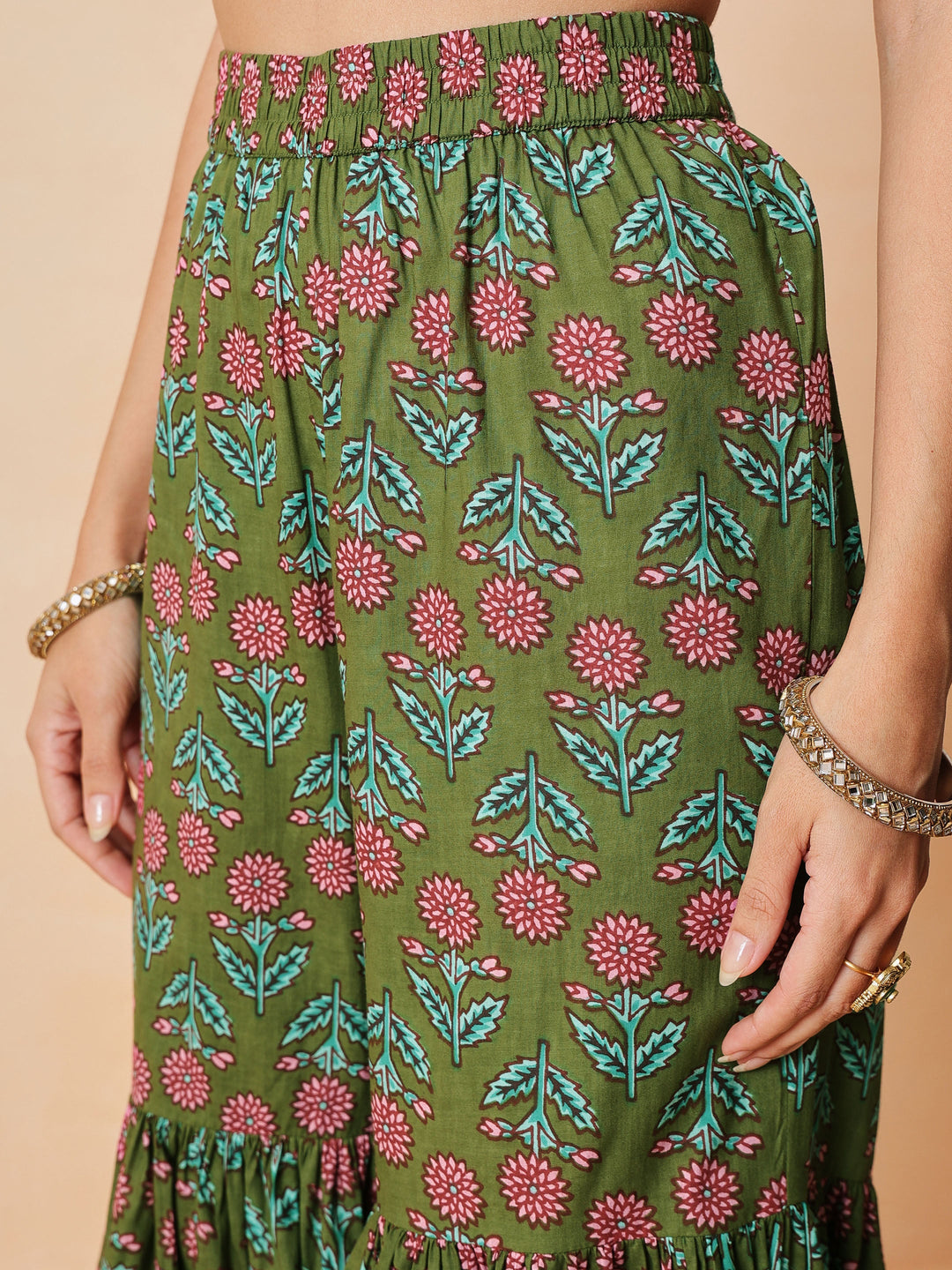 Women Olive Embroidered Short Kurta With Sharara Pants &amp; Dupatta