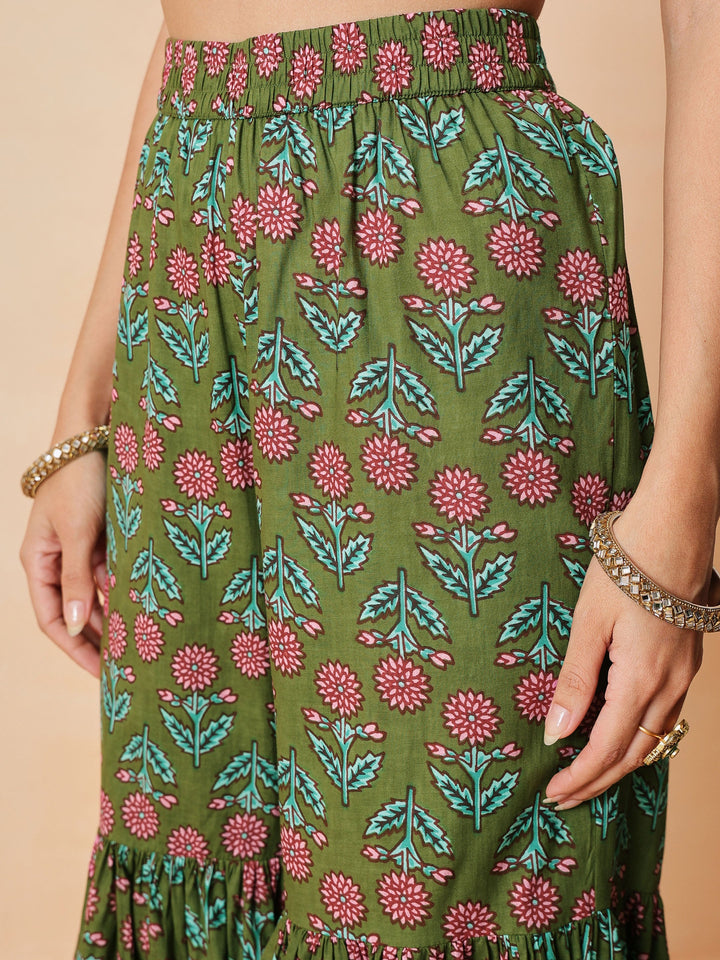 Women Olive Embroidered Short Kurta With Sharara Pants &amp; Dupatta