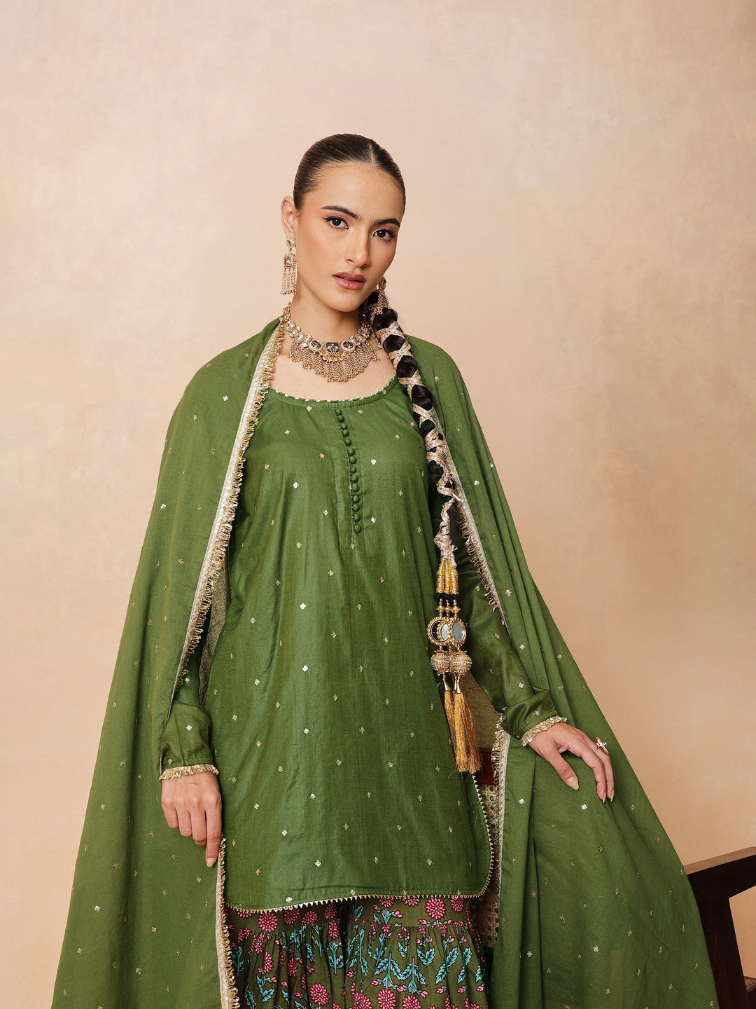 Women Olive Embroidered Short Kurta With Sharara Pants &amp; Dupatta