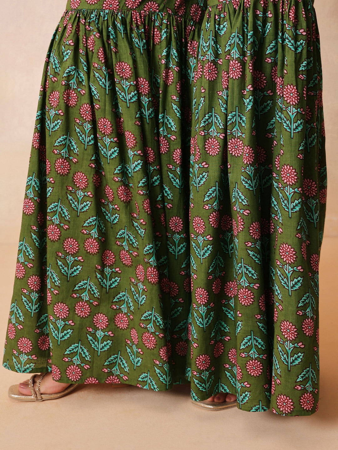 Women Olive Embroidered Short Kurta With Sharara Pants &amp; Dupatta