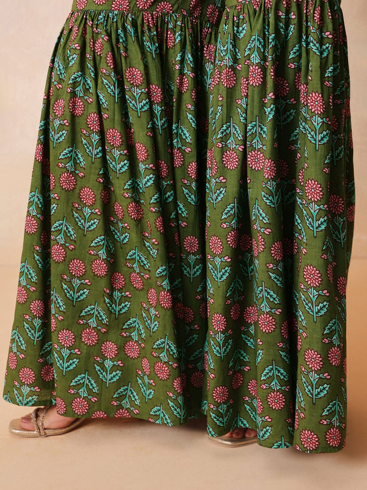 Women Olive Embroidered Short Kurta With Sharara Pants &amp; Dupatta