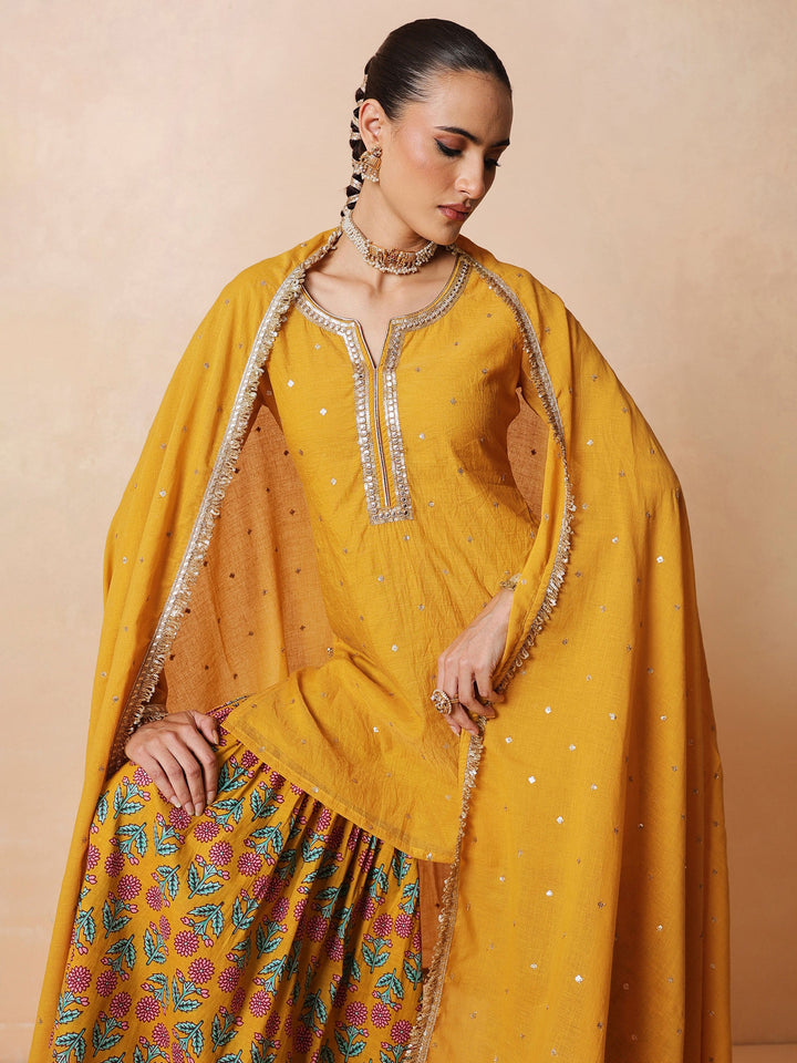 Women Yellow Embroidered Short Kurta With Sharara Pants &amp; Dupatta