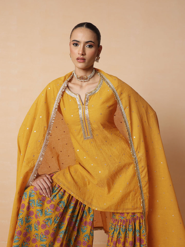 Women Yellow Embroidered Short Kurta With Sharara Pants &amp; Dupatta