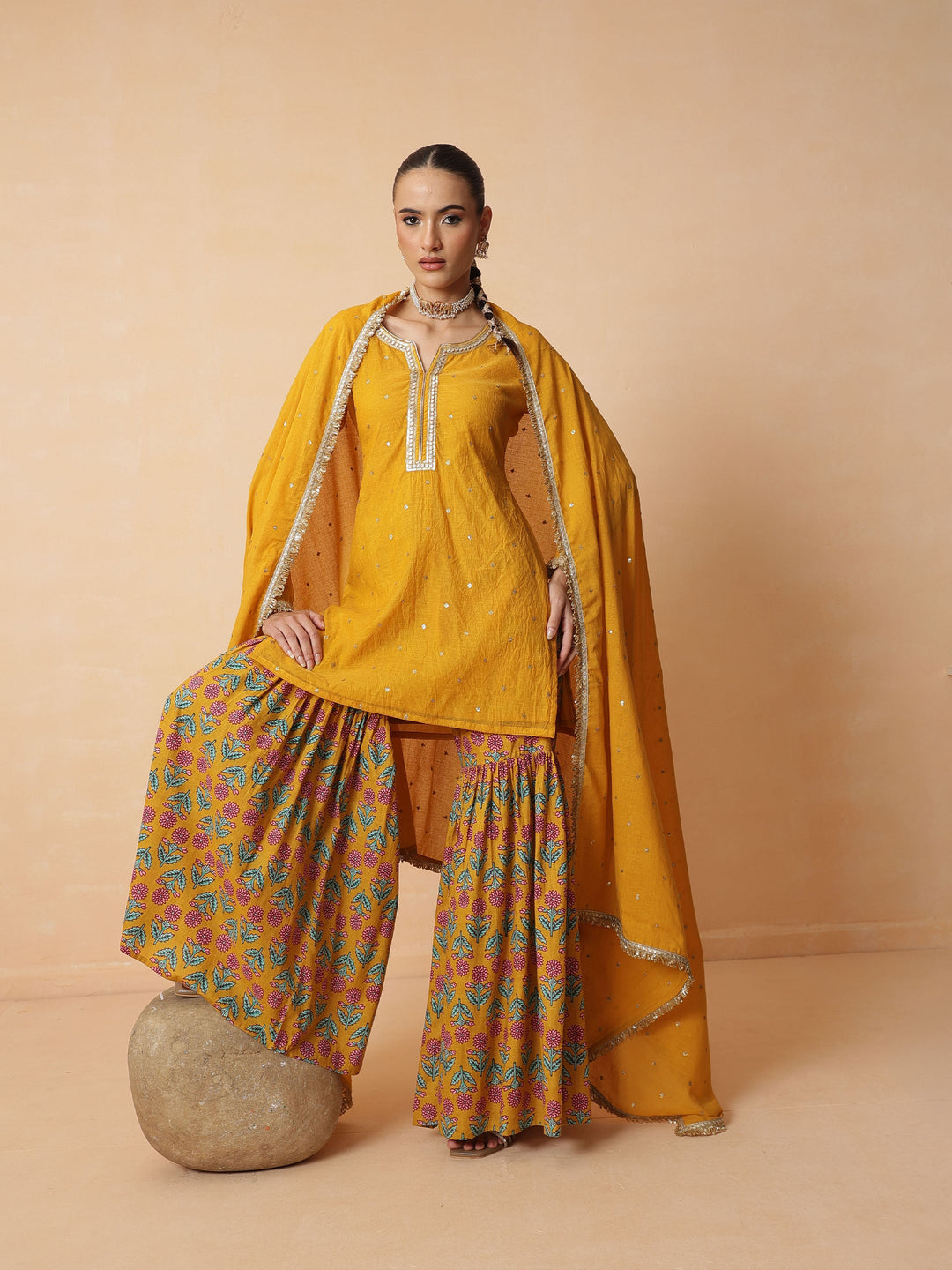 Women Yellow Embroidered Short Kurta With Sharara Pants &amp; Dupatta
