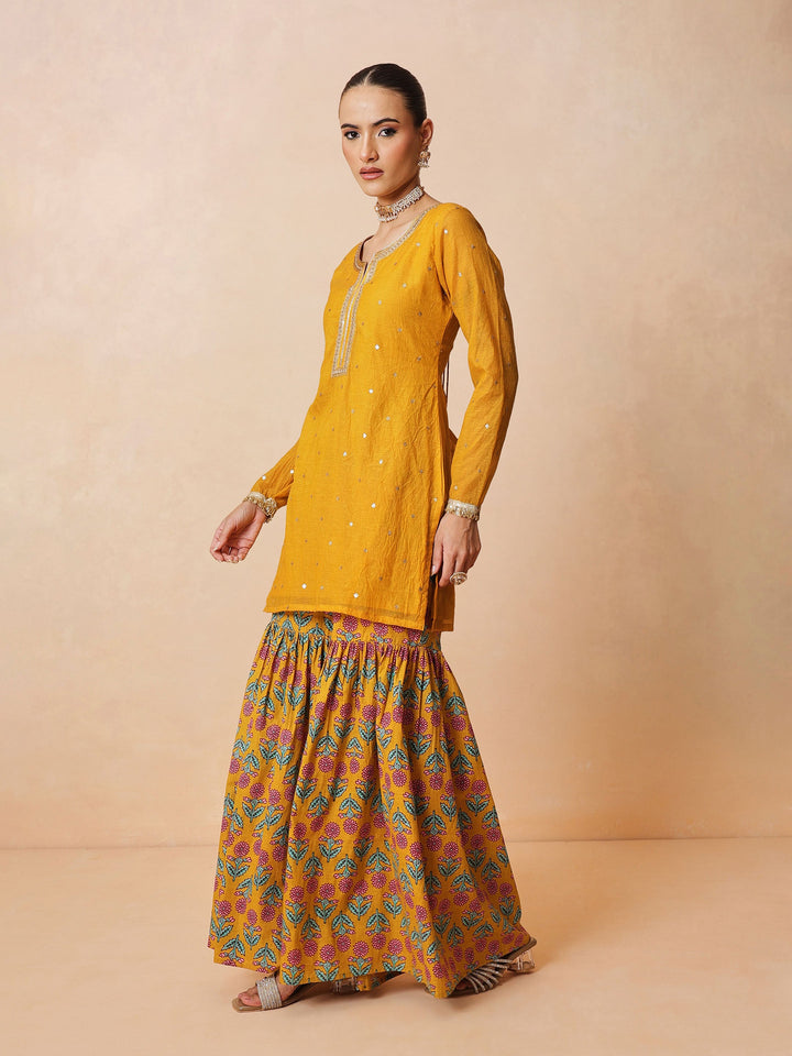Women Yellow Embroidered Short Kurta With Sharara Pants &amp; Dupatta