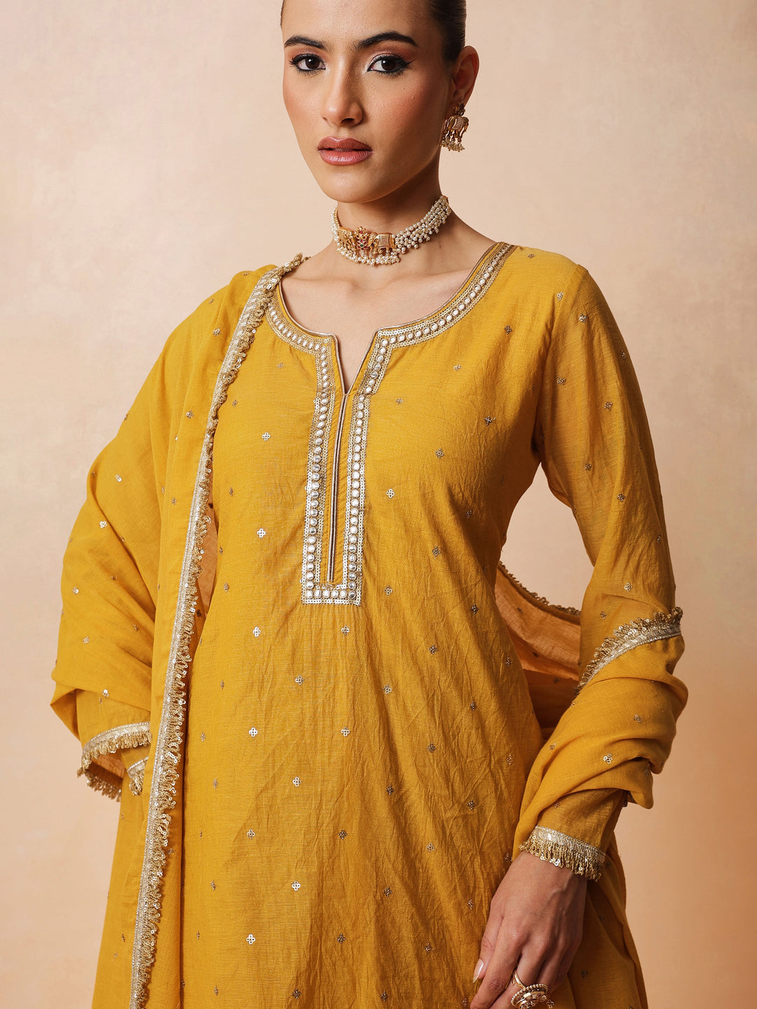 Women Yellow Embroidered Short Kurta With Sharara Pants &amp; Dupatta