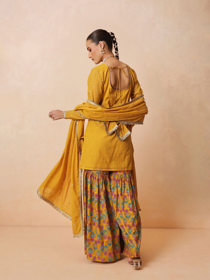 Women Yellow Embroidered Short Kurta With Sharara Pants &amp; Dupatta