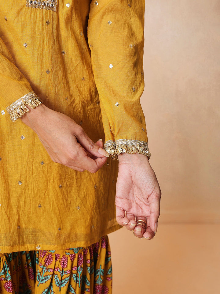 Women Yellow Embroidered Short Kurta With Sharara Pants &amp; Dupatta