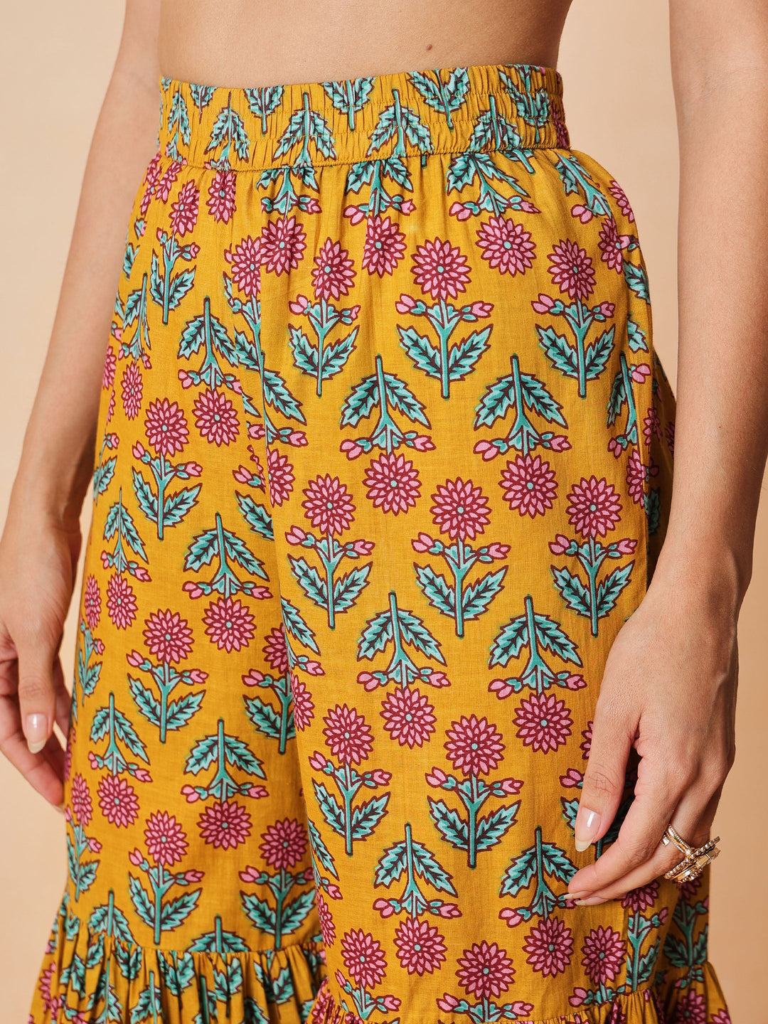Women Yellow Embroidered Short Kurta With Sharara Pants &amp; Dupatta