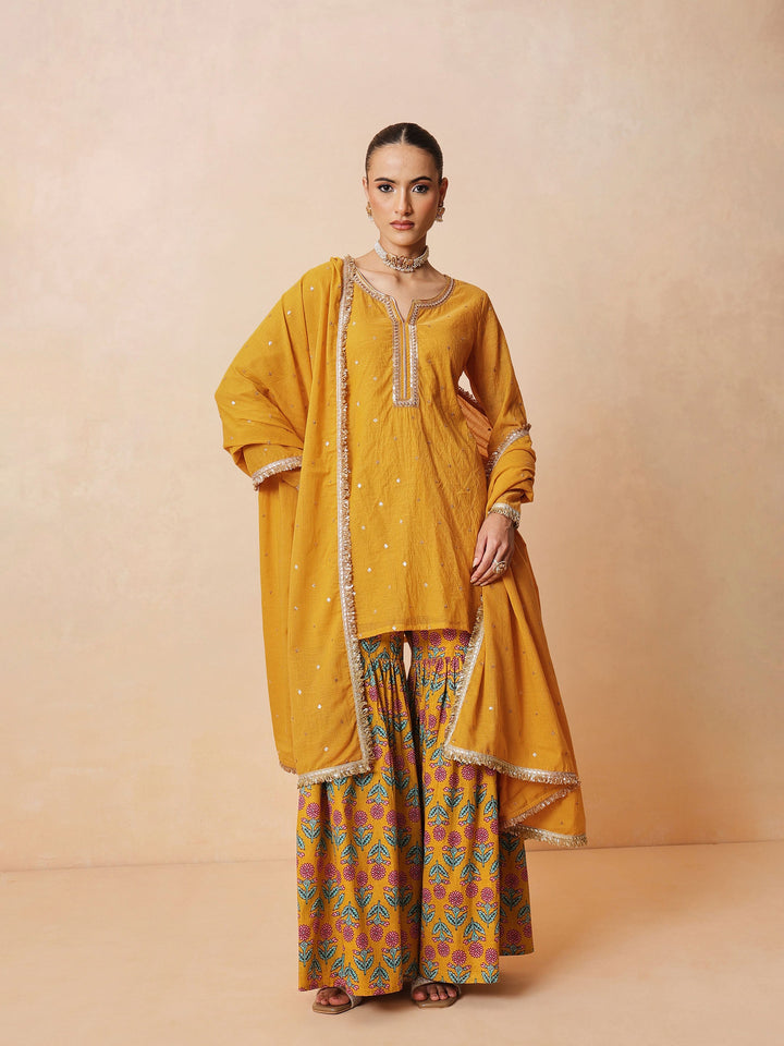 Women Yellow Embroidered Short Kurta With Sharara Pants &amp; Dupatta