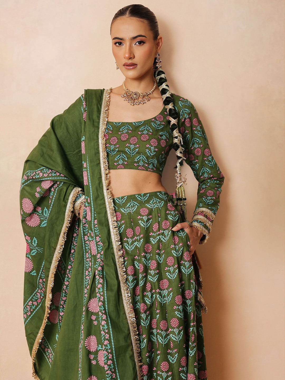 Women Olive Floral Round Neck Crop Top With Anarkali Skirt &amp; Dupatta