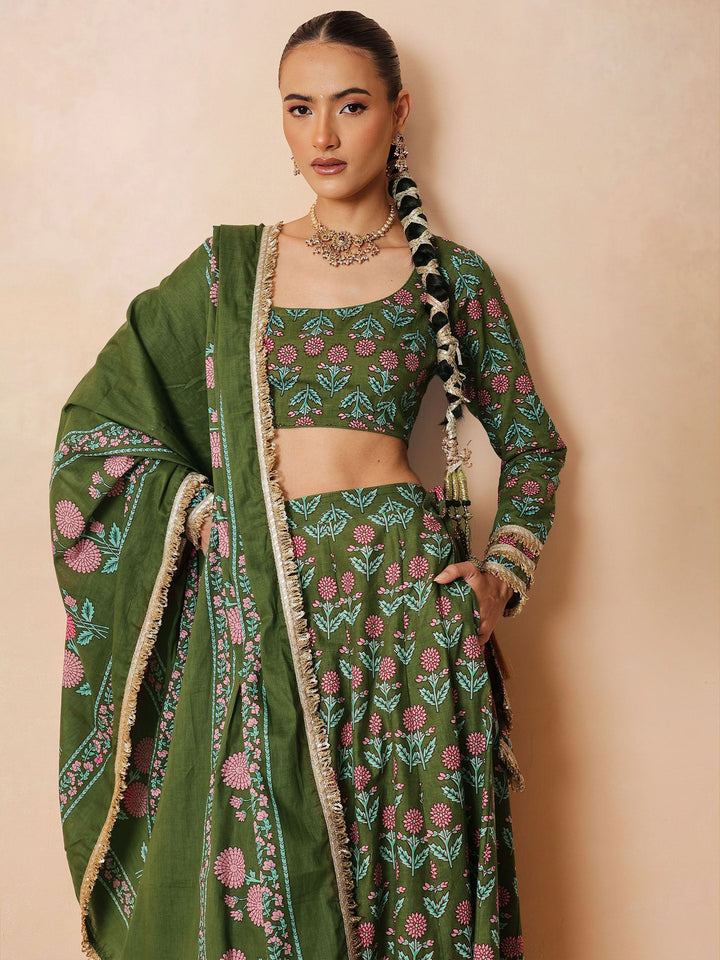 Women Olive Floral Round Neck Crop Top With Anarkali Skirt &amp; Dupatta