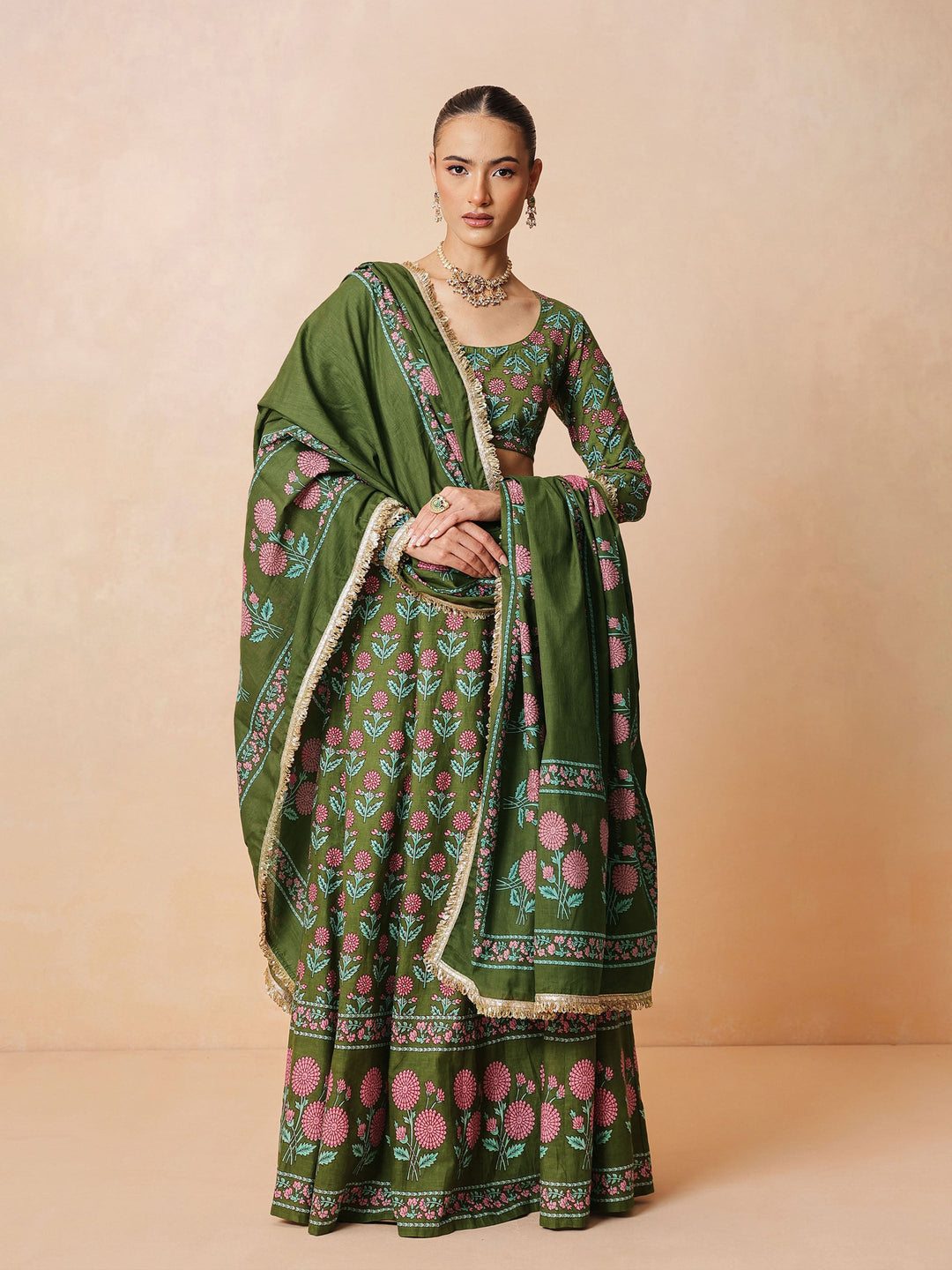 Women Olive Floral Round Neck Crop Top With Anarkali Skirt &amp; Dupatta