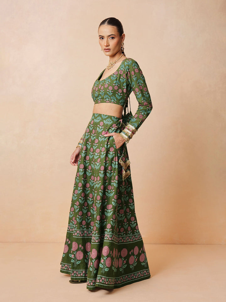 Women Olive Floral Round Neck Crop Top With Anarkali Skirt &amp; Dupatta