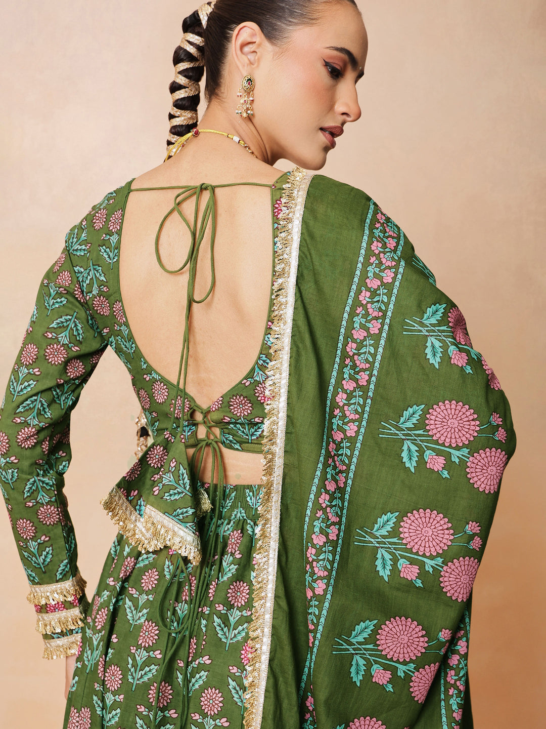 Women Olive Floral Round Neck Crop Top With Anarkali Skirt &amp; Dupatta