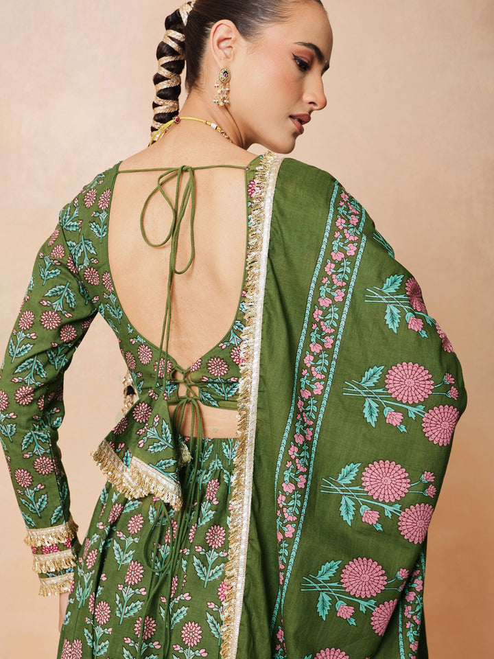 Women Olive Floral Round Neck Crop Top With Anarkali Skirt &amp; Dupatta