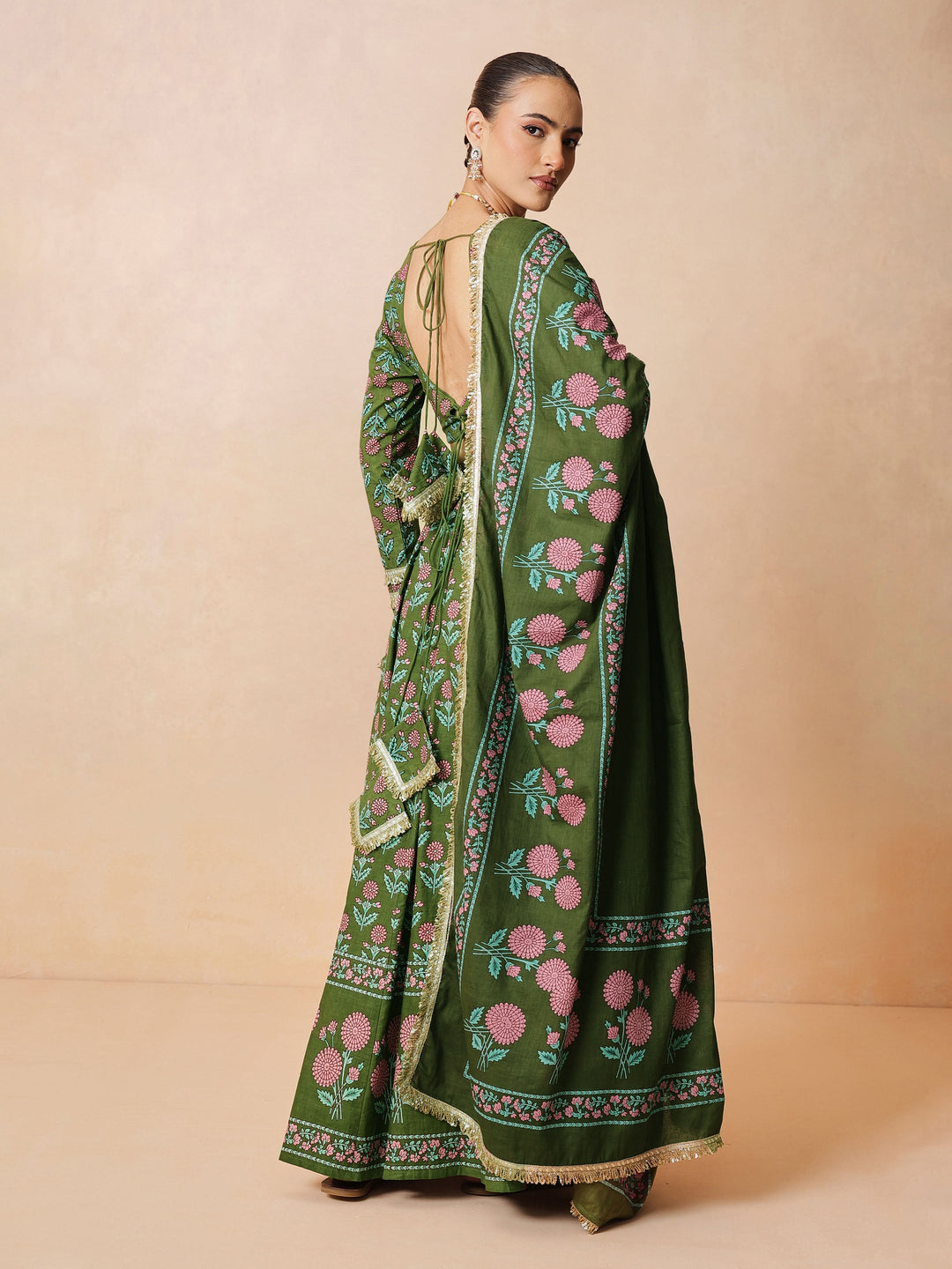 Women Olive Floral Round Neck Crop Top With Anarkali Skirt &amp; Dupatta