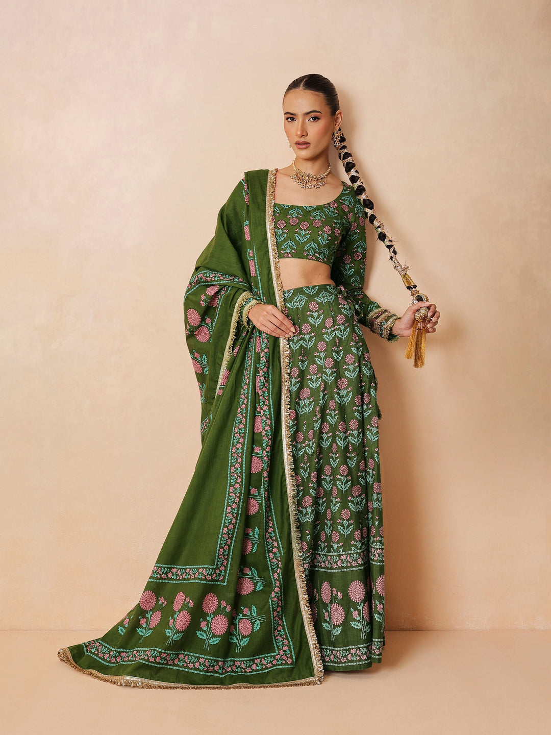 Women Olive Floral Round Neck Crop Top With Anarkali Skirt &amp; Dupatta